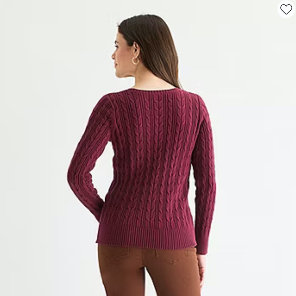 St. John's Bay Burgundy Cable Knit Crewneck Sweater PM Petite Medium Raspberry - Picture 2 of 9